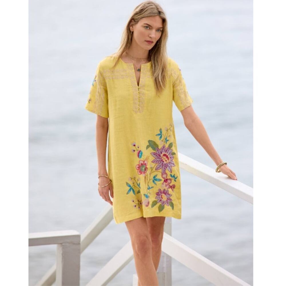 NEW JOHNNY WAS Seamed Button Neck Linen Dress Soft Citron Size L Embroidered